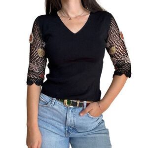 Joseph A Solid Black Stretch Knit Crochet Beaded Sleeves Top Size Small V Neck